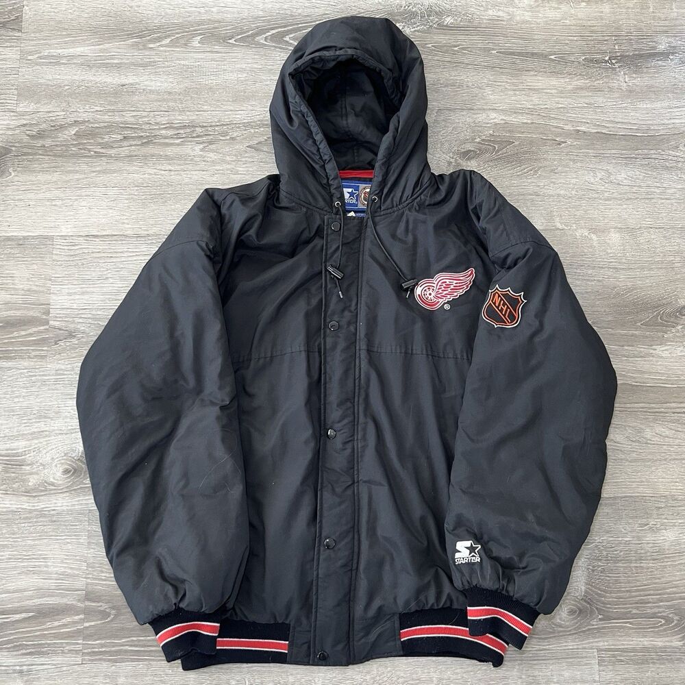 Detroit Red Wings Starter Jacket Mens XL Black Full Zip Snap Puffer Vintage 90s